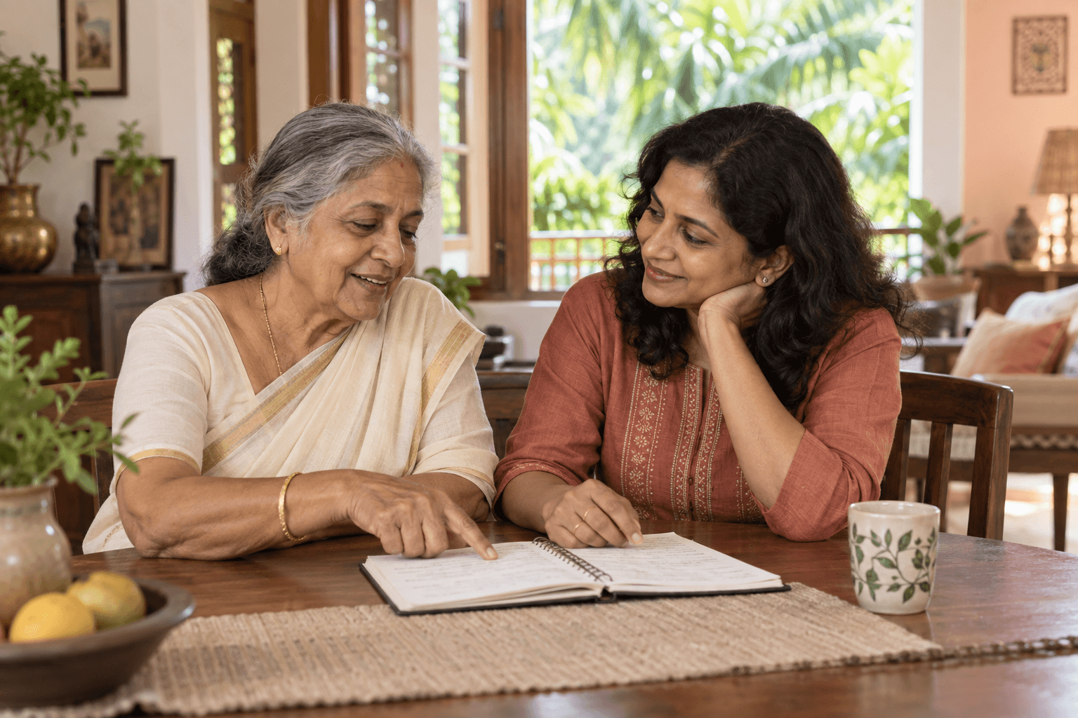 Illustration of a Kerala family sharing a thoughtful conversation at home