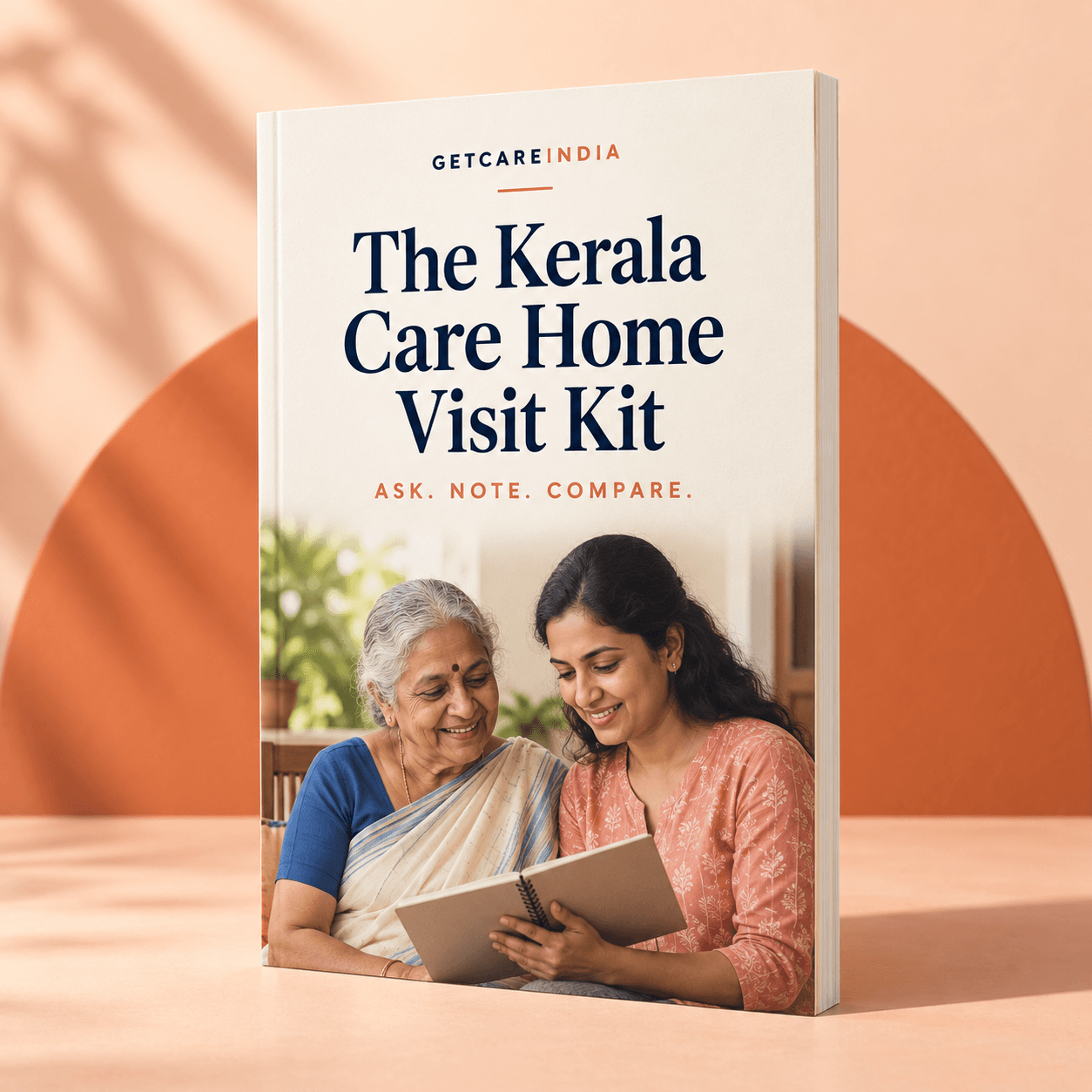 Three-dimensional cover mockup of the Kerala Care Home Visit Kit digital handbook